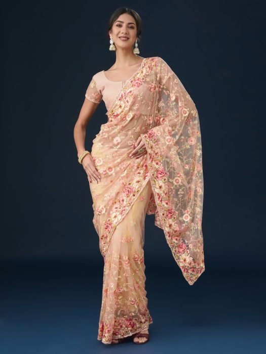 Pink Floral Embroidered Work Soft Net Saree party wear saree