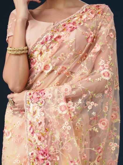 Pink Floral Embroidered Work Soft Net Saree party wear saree