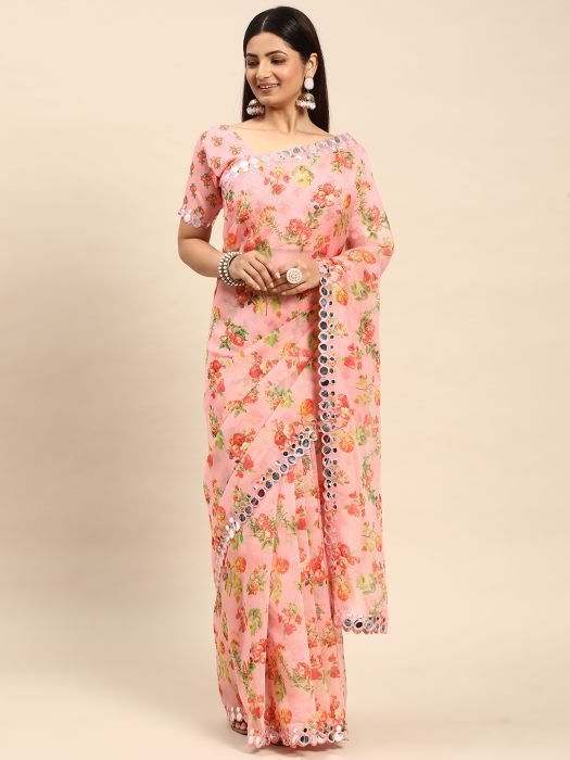 Pink Floral Printed Mirror Work Organza Saree party wear saree