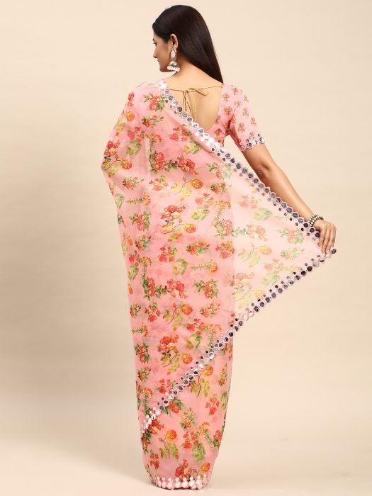 Pink Floral Printed Mirror Work Organza Saree party wear saree