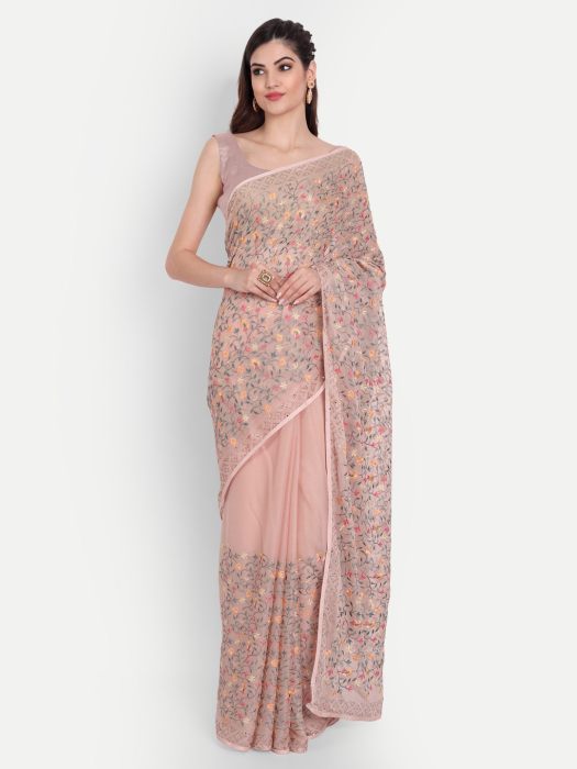 Pink Chiffon Saree With Thread And Stone Work chiffon sarees
