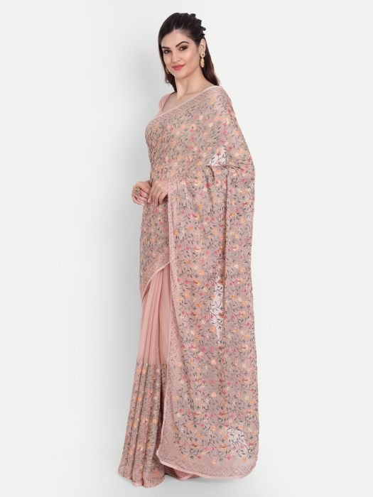 Pink Chiffon Saree With Thread And Stone Work embroidered saree