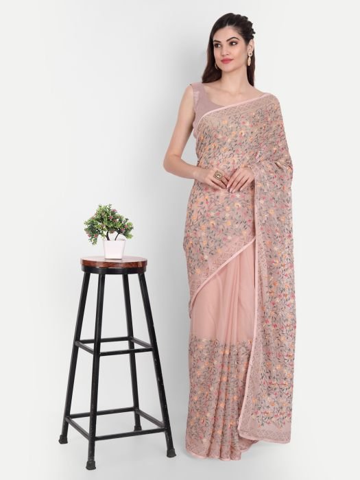 Pink Chiffon Saree With Thread And Stone Work embroidered saree