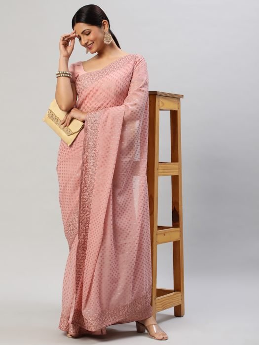 Pink Geometric Printed Saree With Embroidered Border party wear saree