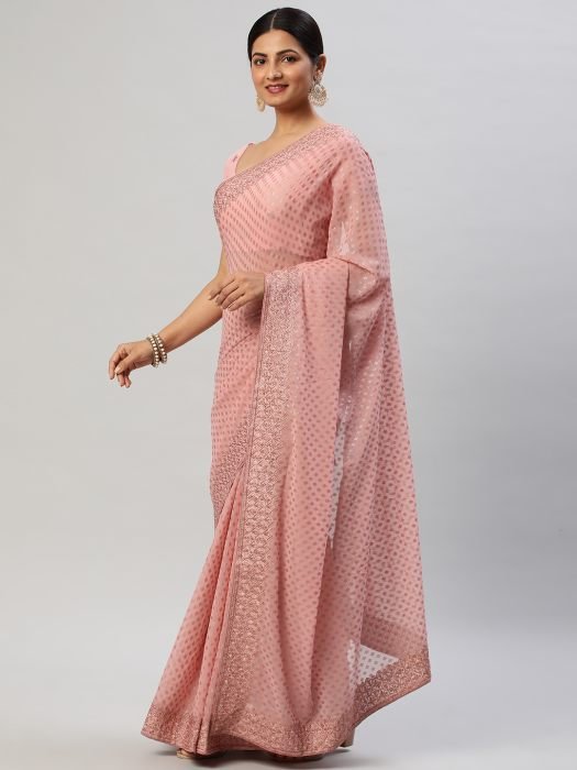 Pink Geometric Printed Saree With Embroidered Border party wear saree