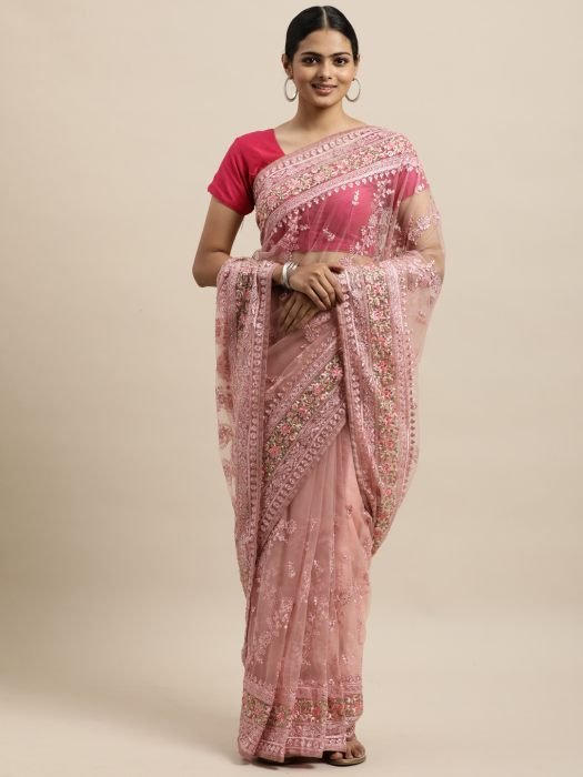 Pink   Gold Toned Floral Embroidered Net Saree