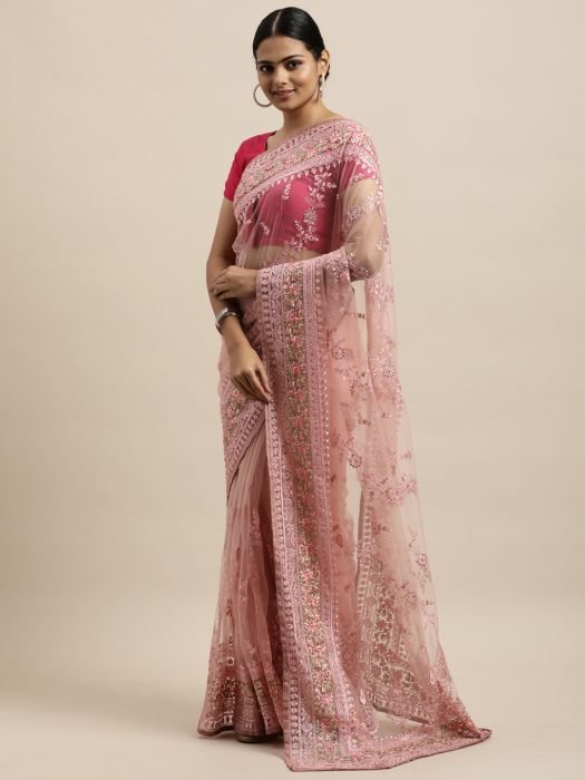 Pink   Gold Toned Floral Embroidered Net Saree party wear saree