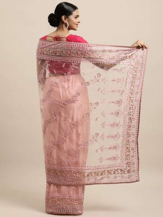 Pink   Gold Toned Floral Embroidered Net Saree party wear saree