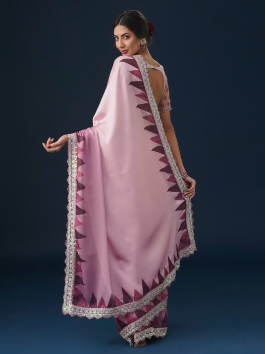 Pink Sequin Embellished Geometric Printed Satin Saree party wear saree