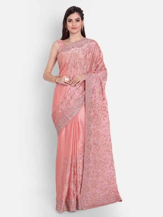 Pink   Silver Toned Floral Embroidered Art Silk Saree