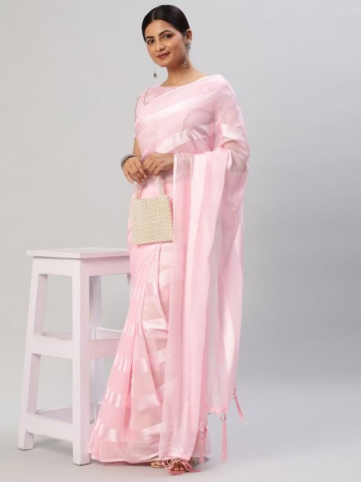 Pink Striped Satin Saree party wear saree