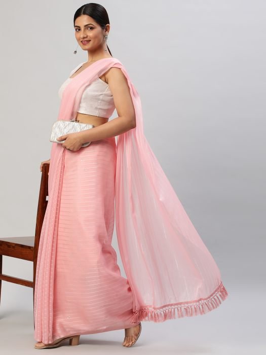 Pink Striped Zari Organza Saree party wear saree