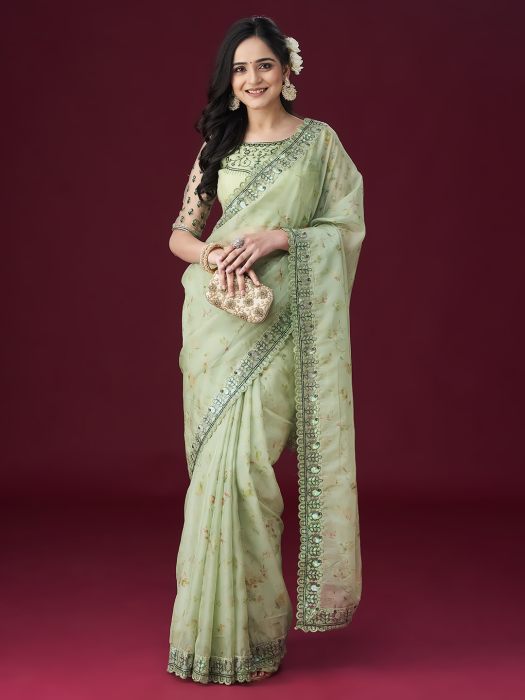 Pista Green Embellished Floral Sarees party wear saree