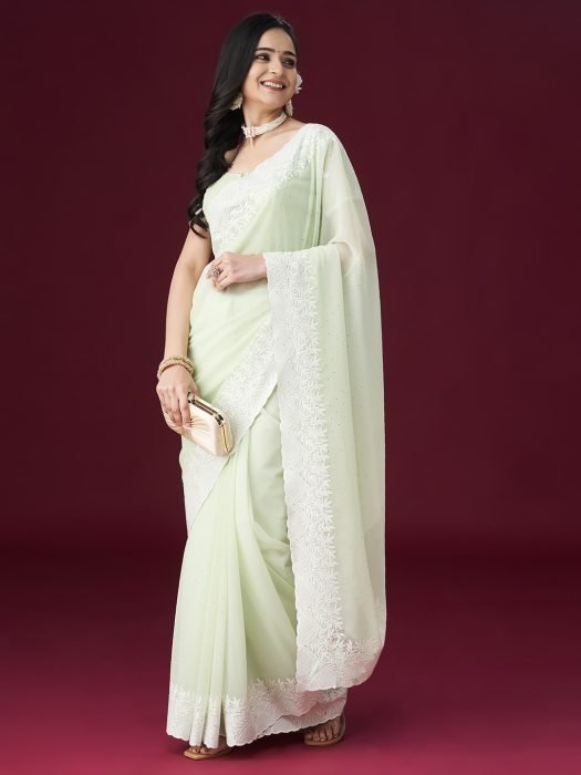 Pista green Embroidered Ethnic Motifs Sarees embroidered saree