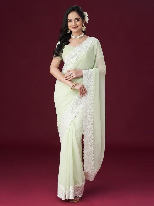 Pista green Embroidered Ethnic Motifs Sarees embroidered saree