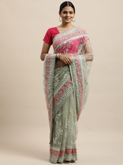 Pista Green Floral Embroidered Net Saree party wear saree