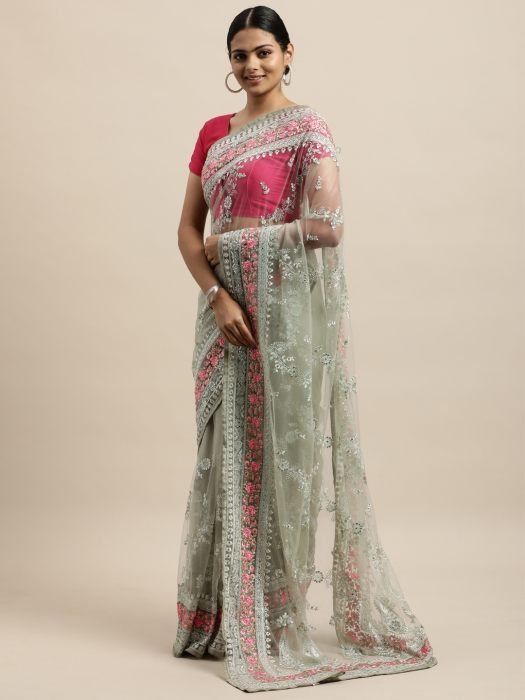 Pista Green Floral Embroidered Net Saree party wear saree