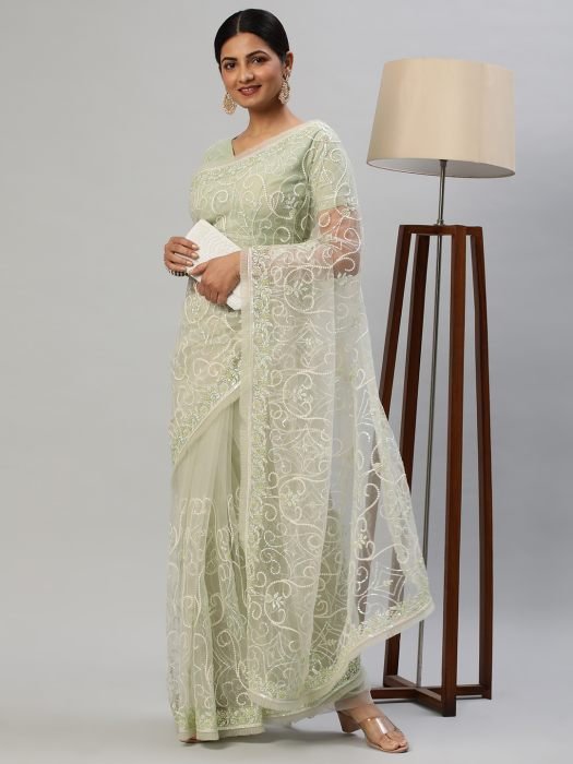 Pista green Floral Embroidered Sequinned Net Saree party wear saree