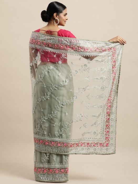 Pista Green Floral Embroidered Net Saree party wear saree