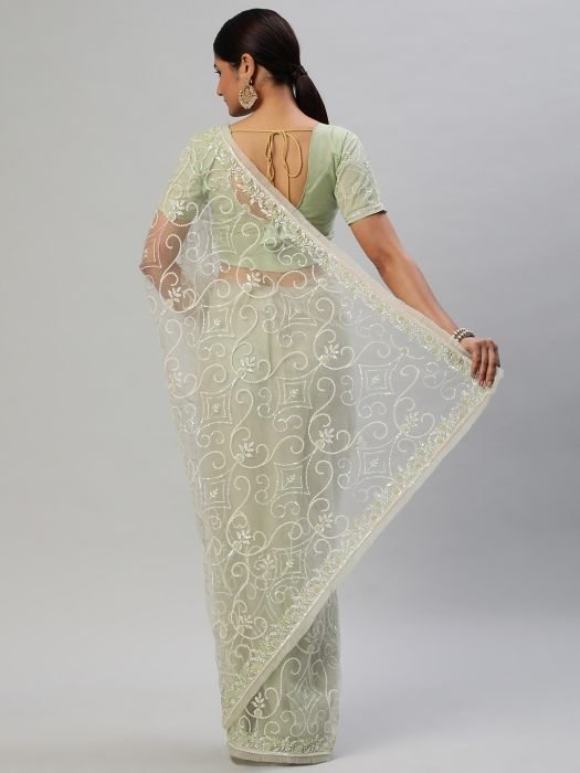 Pista green Floral Embroidered Sequinned Net Saree party wear saree