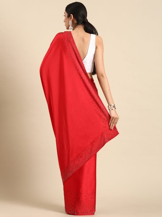 Red Beads And Stone Work Satin Saree party wear saree