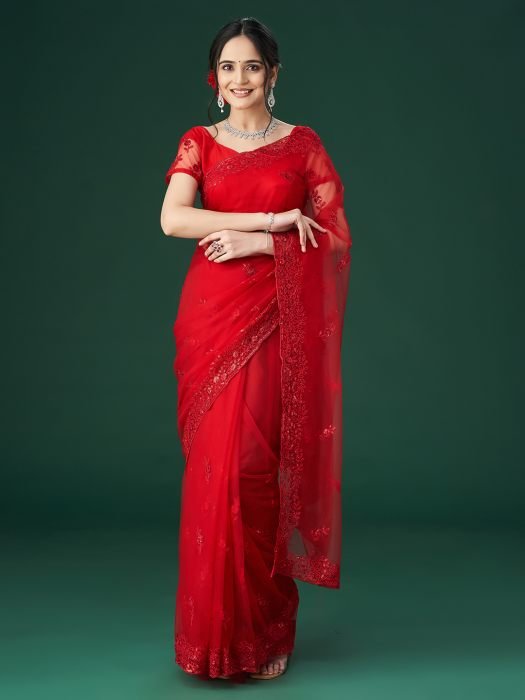 Red Embroidered Net Sarees embroidered saree