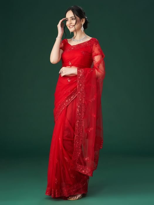 Red Embroidered Net Sarees embroidered saree