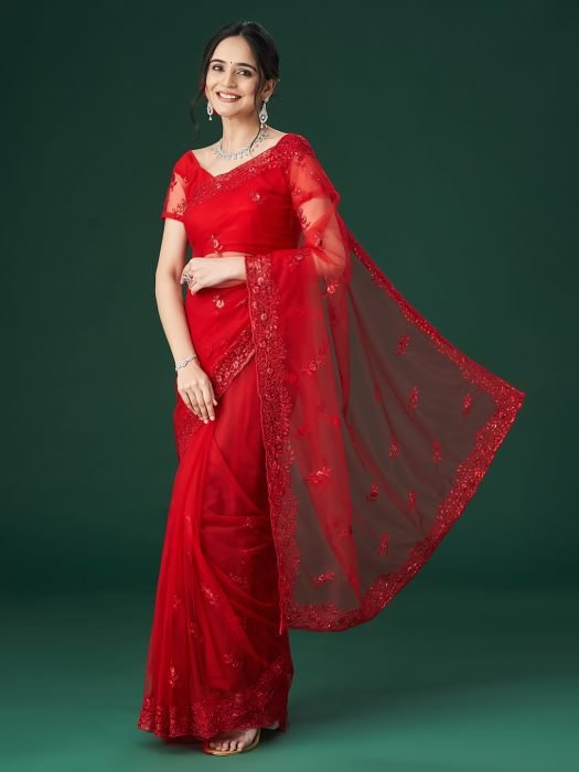 Red Embroidered Net Sarees embroidered saree