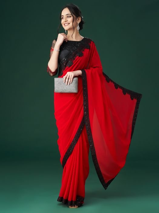 Red Embroidered Sequinned Sarees party wear saree