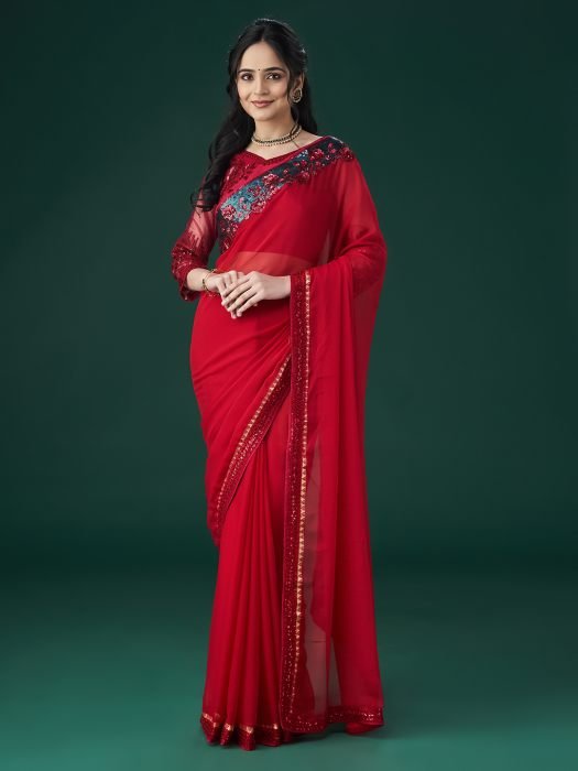 Red Embroidered Sequinned Saree party wear saree