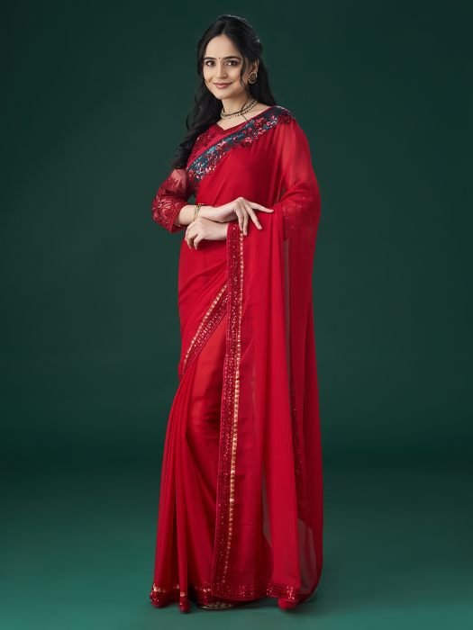 Red Embroidered Sequinned Saree party wear saree