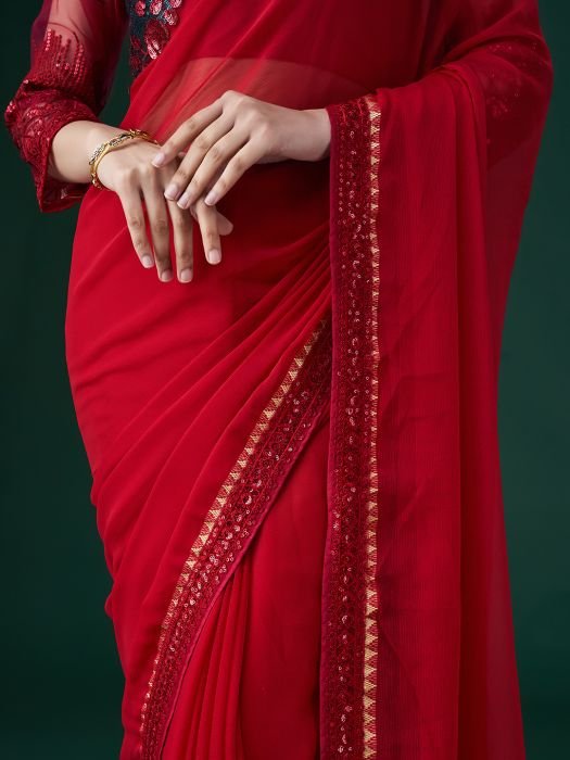 Red Embroidered Sequinned Saree party wear saree