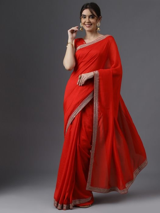 Red Embroidered Work Art Silk Saree party wear saree