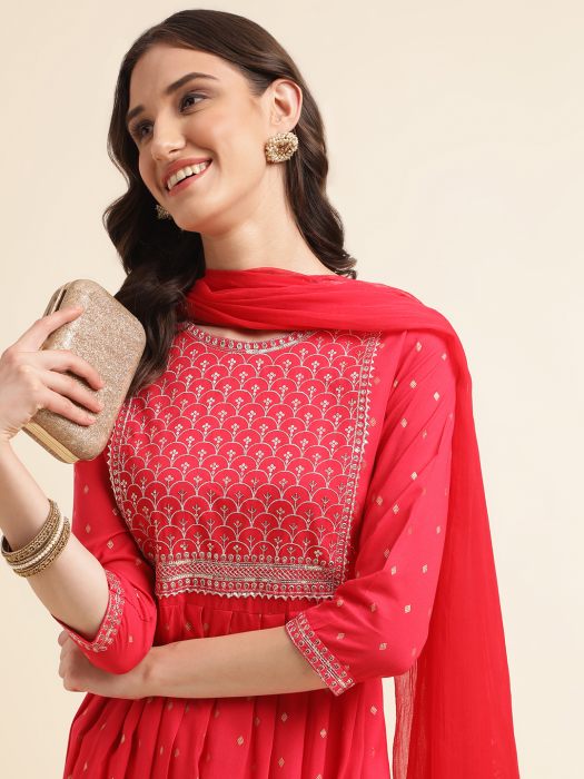 Red Ethnic Motifs Printed Sequinned Pleated Kurta With Trousers   Dupatta  