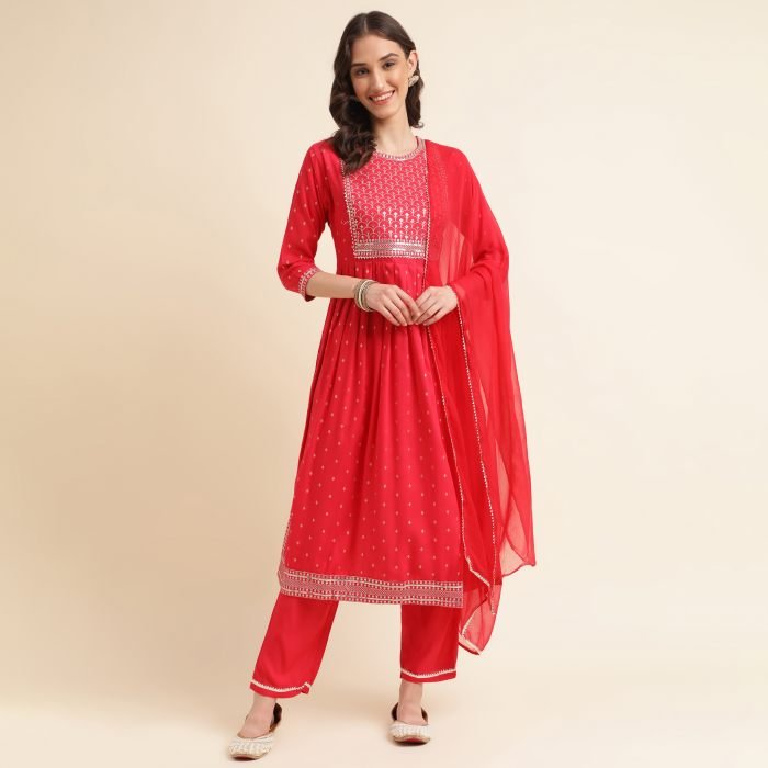 Red Ethnic Motifs Printed Sequinned Pleated Kurta With Trousers   Dupatta  kurta sets with dupatta