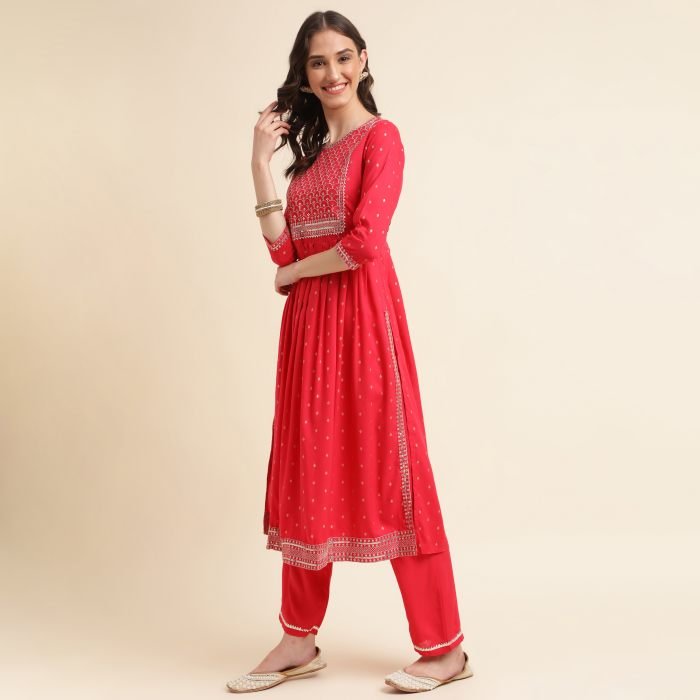 Red Ethnic Motifs Printed Sequinned Pleated Kurta With Trousers   Dupatta  kurta sets with dupatta