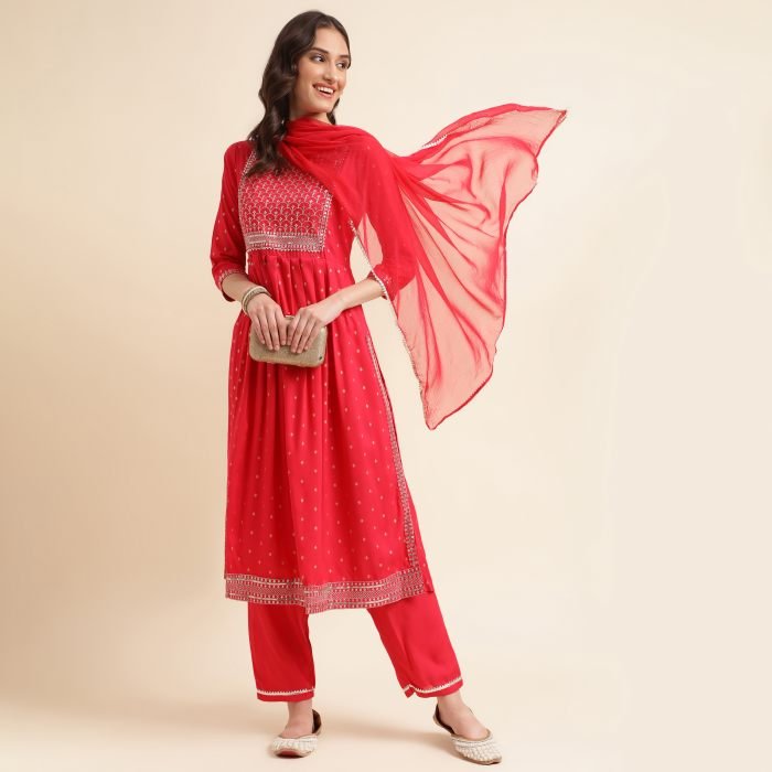 Red Ethnic Motifs Printed Sequinned Pleated Kurta With Trousers   Dupatta  kurta sets with dupatta