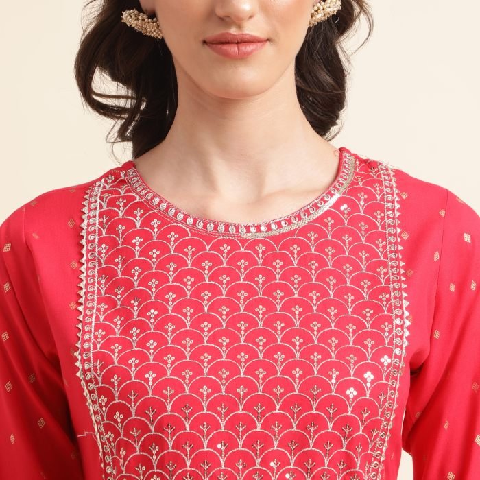 Red Ethnic Motifs Printed Sequinned Pleated Kurta With Trousers   Dupatta  kurta sets with dupatta