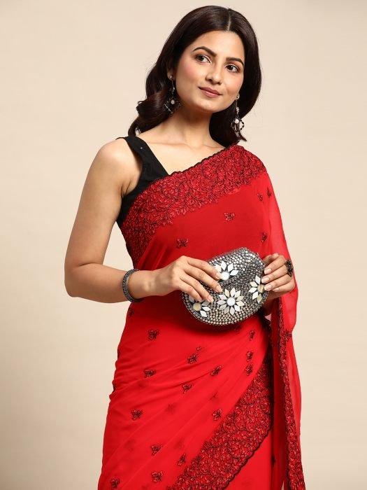 Red Floral Embroidered Work Pure Chiffon Saree