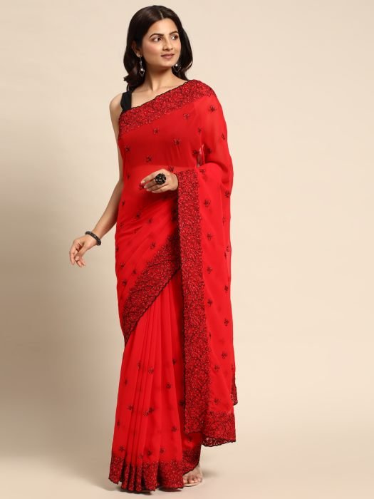 Red Floral Embroidered Work Pure Chiffon Saree party wear saree