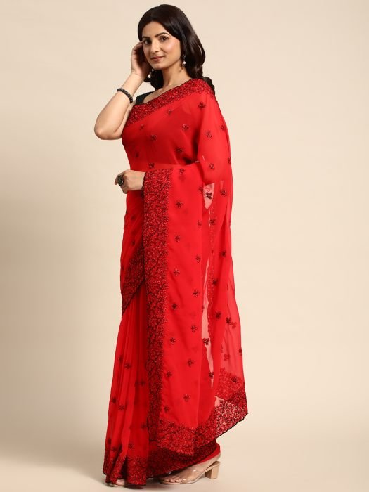 Red Floral Embroidered Work Pure Chiffon Saree party wear saree