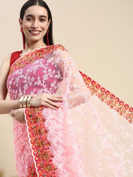 Pink Floral Threadwork Net Saree