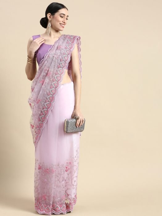 Lavender Floral Embroidered Work Net Saree party wear saree