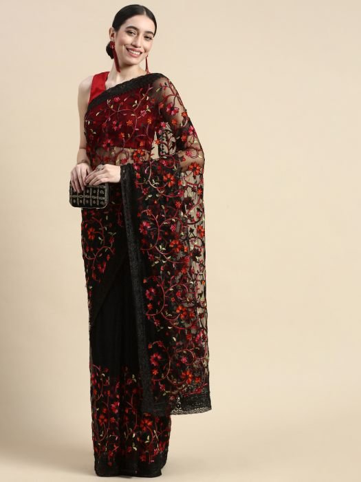 Black Floral Threadwork Net Saree embroidered saree