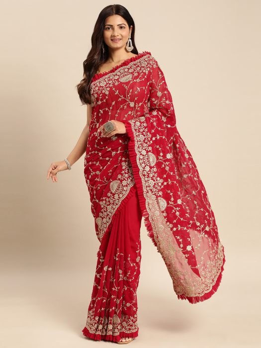 Cherry Embroidered Zariwork Frill Georgette Saree party wear saree