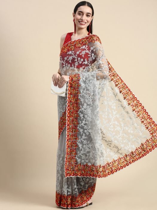 Grey Floral Threadwork Net Saree embroidered saree