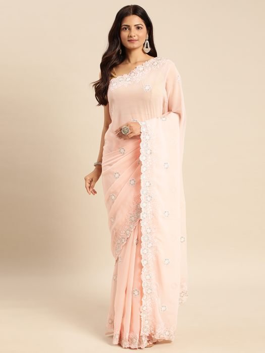 Peach Floral Embroidered Georgette Saree  embroidered saree