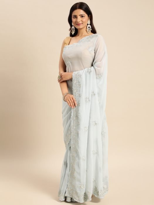 Mint Blue Floral Embroidered Georgette Saree party wear saree