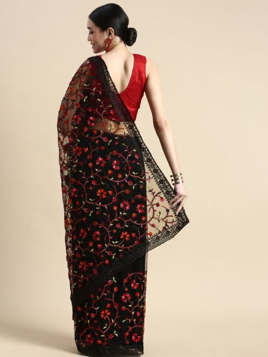 Black Floral Threadwork Net Saree embroidered saree