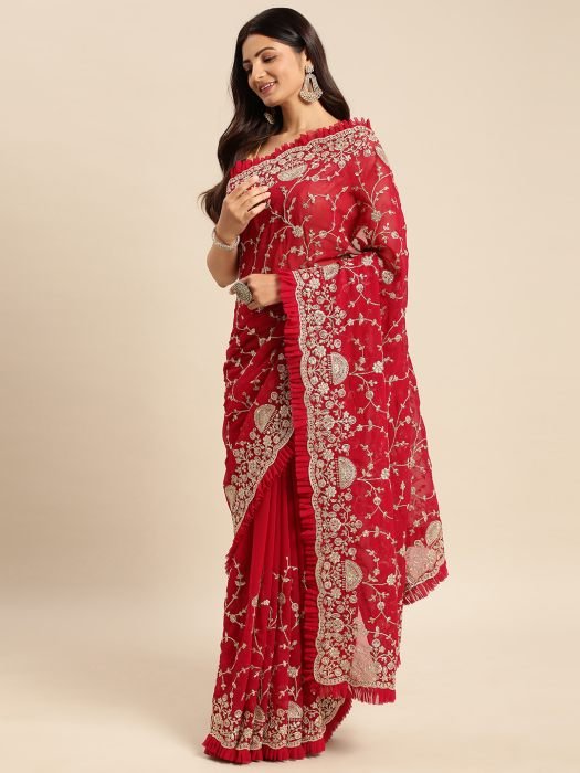 Cherry Embroidered Zariwork Frill Georgette Saree party wear saree